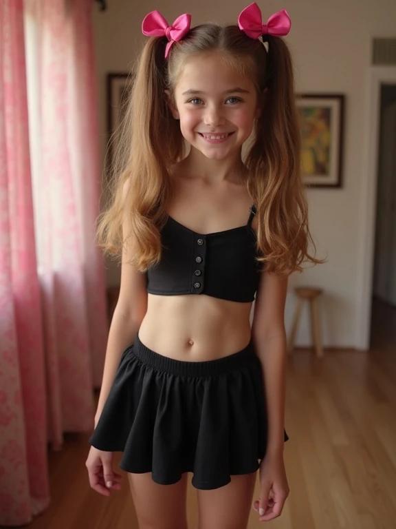 A young girl stands in a living room. She has long brown hair styled in twin tails with pink bows. She wears a black crop top and a black micro skirt. The setting is cozy with natural light. There are playful elements typical of a birthday party atmosphere.