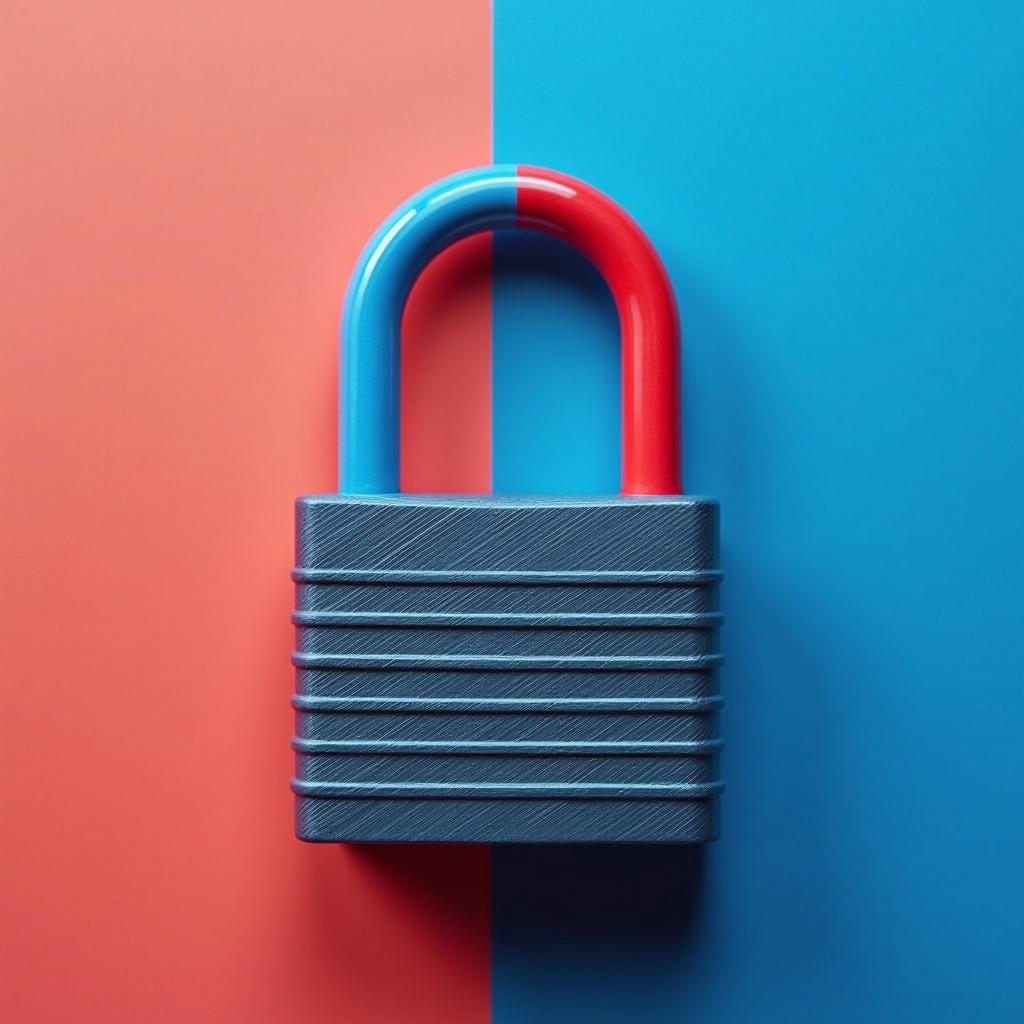 This image features a padlock with distinctive red and blue handles positioned against a similarly colored two-toned background. The padlock is strategically placed at the center, showcasing its modern design. The two colors are vibrant and contrasting, creating a visually appealing composition. Soft, even lighting highlights the textures of the padlock. The overall look is clean and minimalist, conveying a sense of security and style.