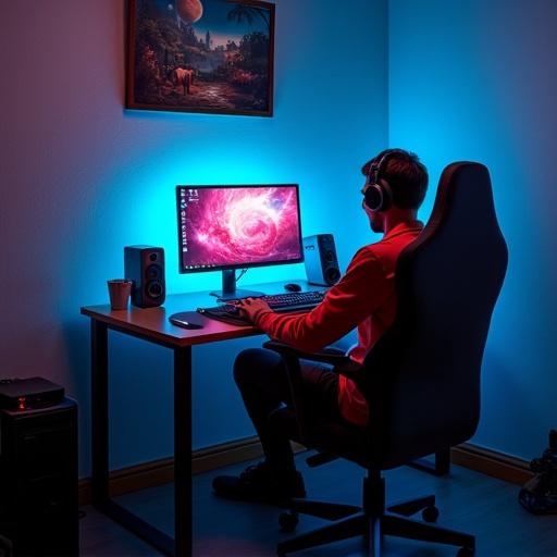 A gamer sits at a large gaming desk. The desk features a powerful PC tower and a wide 49-inch monitor. The player wears a headset. Ambient lighting enhances the scene. The view is from behind the player, revealing their gaming environment. Visual representation of their thoughts forms above their head.
