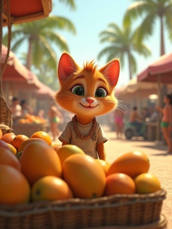 Cute ginger kitten with bright emerald green eyes. Torn t-shirt and shorts. Small beaded necklace around neck. Sitting happily behind market stall. Stall overflowing with mangoes and other fruits. Busy outdoor market in background with palm trees. Bright sunny daylight. Vertical video format.