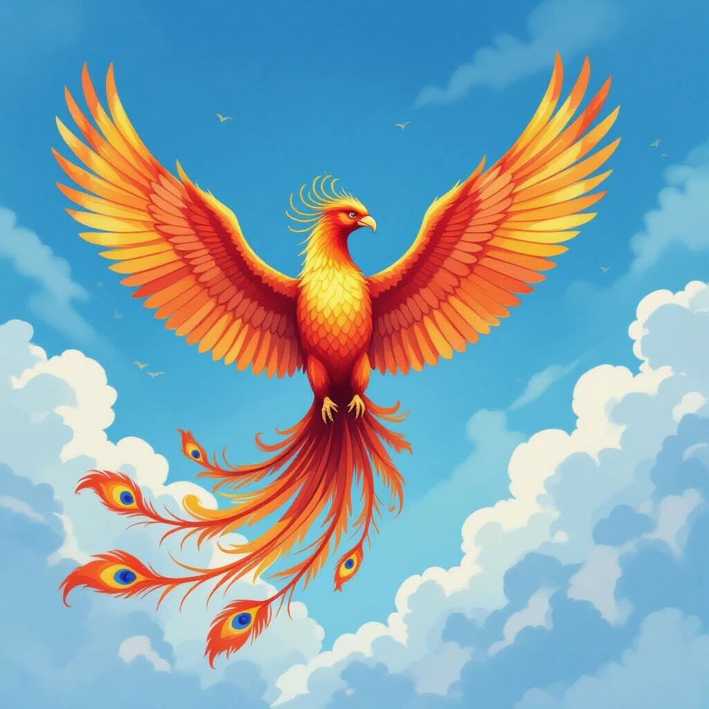 Big phoenix bird illustrated in bright colors flying across a blue cloudy sky. Wings and tail feathers display intricate patterns. Majestic and vibrant depiction in watercolor style.