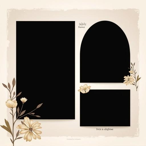 Square wedding photo collage in minimalist style with three black photo placeholders. Large vertical rectangular frame on left center. Soft oval frame in upper right corner. Thin horizontal rectangle frame at lower right. Elegant subtle borders and slight drop shadows. Background is clean and soft in beige or light gray tones. Generous whitespace. Each photo area is solid black. Minimal serif text decorations gently integrated. Overall composition is calm, romantic, and sophisticated.