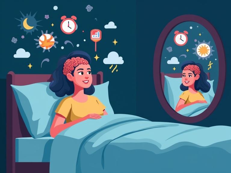 Symbolic illustration of a woman in bed at night. Her brain shows hormonal changes. Floating icons display insomnia, RLS, anxiety, night sweats. Two reflections in the mirror show tired and empowered versions of her. Surreal educational style with realism and abstract elements.