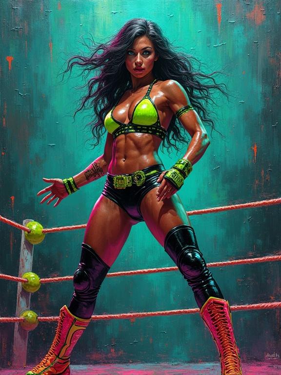 Artistic depiction of a strong woman in wrestling attire. Highly detailed and colorful. Blends neo-impressionism with retrofuturistic themes. Science fiction influenced background with neon accents and dynamic lighting.