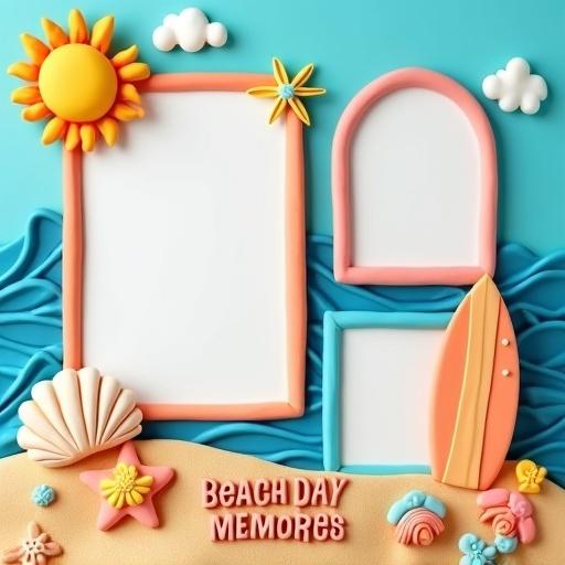 Playful claymation-style photo collage template themed around the beach with three decorative frames. Top center has sun-shaped frame. Bottom left features seashell-shaped frame. Bottom right shows surfboard-shaped frame. Background is a textured beach scene with waves, sand, and clouds. Title at bottom center reads 'Beach Day Memories'.