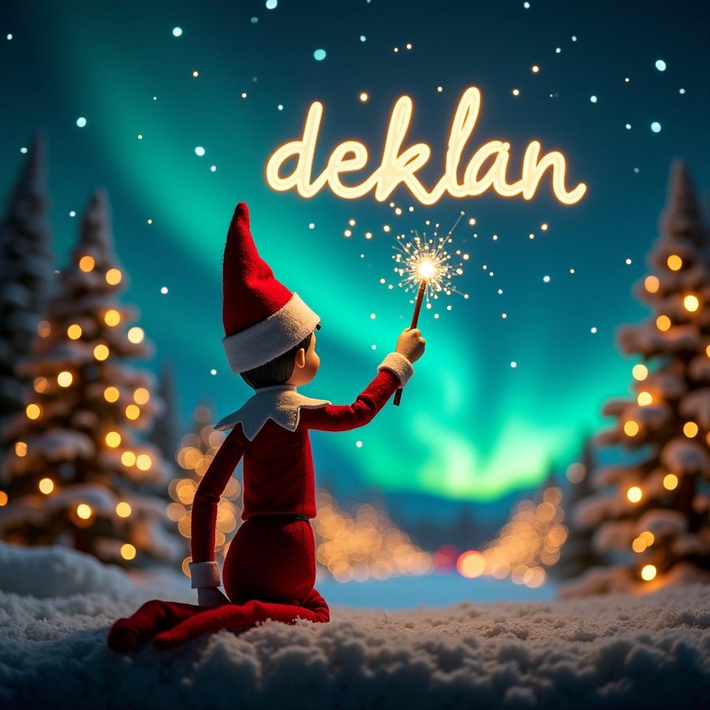 This image depicts a charming Christmas scene with an elf on the shelf. The elf, dressed in festive red and white attire, is turned away from the viewer, gazing up into the enchanting sky. Wielding a magic wand, the elf creates the glowing script 'deklan' above him. The background showcases vibrant northern lights, enhancing the magical ambiance. Christmas trees adorned with lights frame the scene, evoking a festive atmosphere. This image captures the joy of the holiday season and the whimsical nature of Christmas traditions.