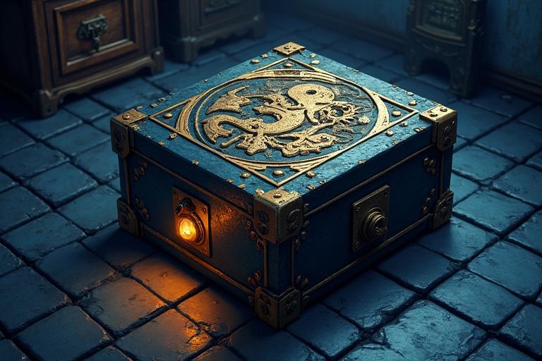 Mysterious puzzle box features gears and locks. The box glows faintly in a dimly lit room. Style is isometric with dark navy and gold colors.