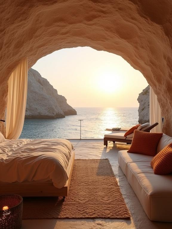 Cave-style luxury bedroom overlooking ocean at sunset. Minimalist design with earthy colors. Ocean view with calm water and limestone cliffs. Cozy, tranquil atmosphere with soft lighting.