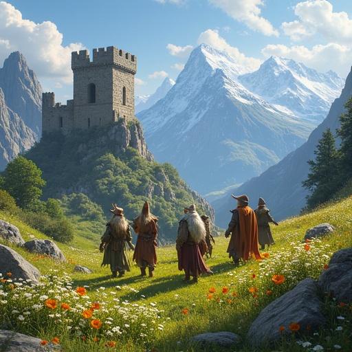 Fantasy scene featuring dwarves and elves in a meadow with flowers. Background includes a mountain range and an old castle.