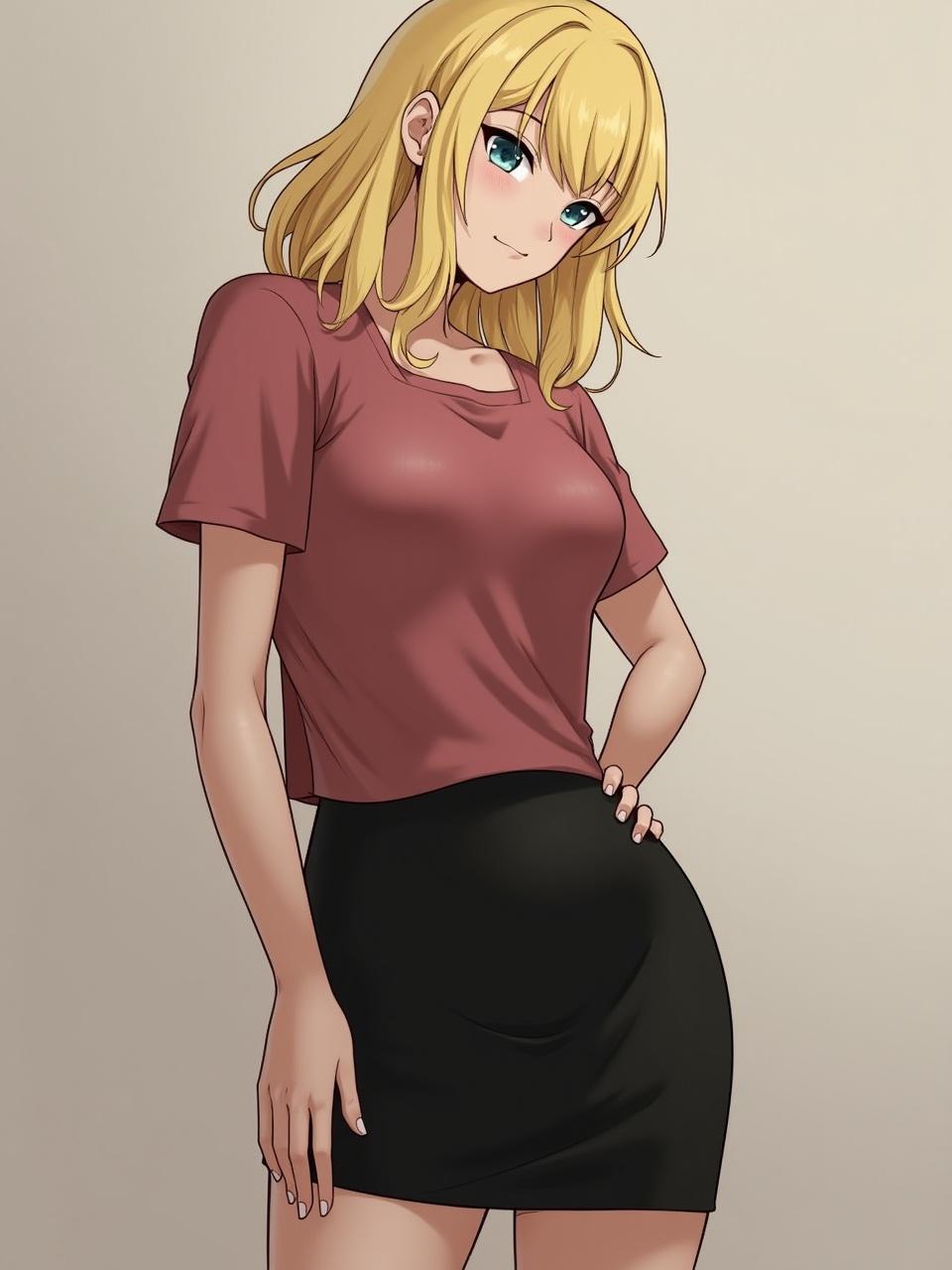 Character illustration of a blonde woman in a black skirt and maroon shirt. She stands confidently with a smile, hair styled in straight layers above her shoulders. Simple background emphasizes the character.