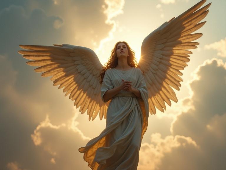 A majestic angel stands with large wings illuminated from behind by a radiant light. The angel is in a serene position, surrounded by a dramatic sky filled with clouds.