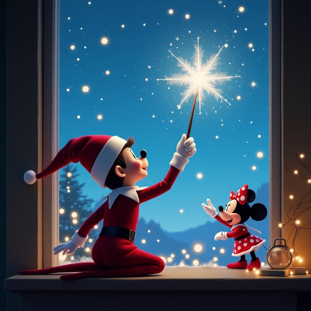 This image captures a magical Christmas scene featuring the Elf on the Shelf. The elf, with its back facing the viewer, is facing the night sky while casting a spell with a wand. As it writes the name 'Bella' in the sky, bright stars twinkle around it. Beside the elf, Minnie Mouse is joyfully watching the display. The background is filled with a cozy home ambiance and vibrant Christmas decorations, evoking feelings of joy and wonder. This enchanting setting invites viewers into the spirit of the holiday season, making it perfect for all ages.