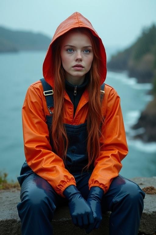 Young woman with long red hair in pigtails wears fisherman's uniform. Orange mackintosh hooded with navy blue latex dungarees. Sitting on a cliff overlooking the sea. Rainy weather with storm clouds. Clothes and hair are soaked.