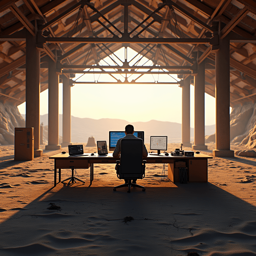 A person working at a computer desk set up under a large wooden structure surrounded by a desert landscape.