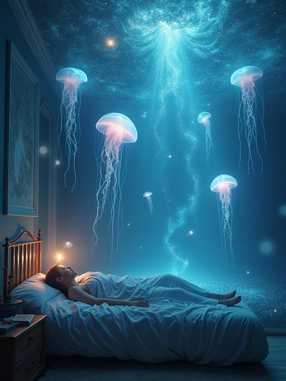 A hyperrealistic image shows a person lying in bed. The ceiling transforms into a cosmic ocean filled with glowing jellyfish and floating light pages. The scene is illuminated with magical lighting creating a fantastical atmosphere.