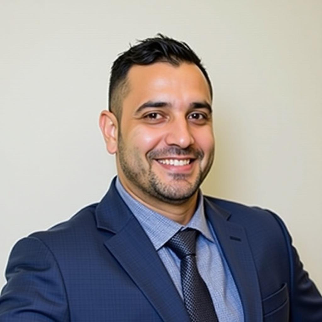 Portrait of an IT Executive in formal attire. The person has a friendly smile and is dressed in a navy blue suit with a light blue shirt and a tie. The background is neutral and simple, highlighting the professionalism of the individual.