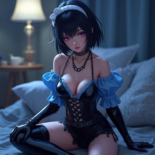 Anime style character with short black hair wearing a light blue cut-out bodice. Elegant black latex outfit with asymmetrical skirt and chain belt. Character poses dynamically with an eye-catching design. Cinematic lighting enhances the overall aesthetic.