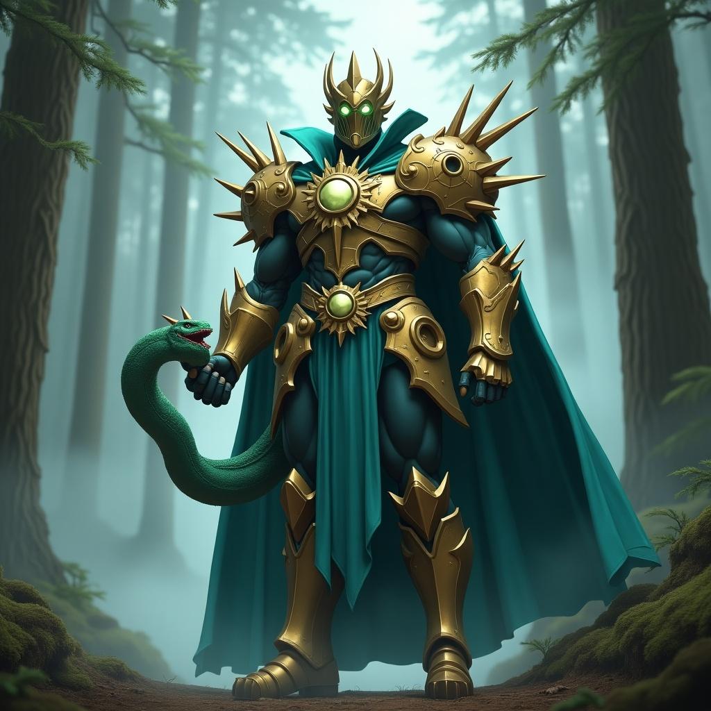 Armored figure stands majestically in a mystical forest. Teal and gold suit. Glowing orbs and spikes enhance powerful look. Cape drapes behind suggesting movement. Holds a green snake. Environment shrouded in mist. Tall trees surround. Character embodies strength and intrigue.