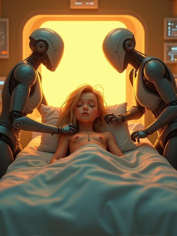 A young tribal pilot-girl with long disheveled blonde hair is asleep on an illuminated med-bed without a blanket. Her hands are behind her head. She wears a light grey nano-fabric loincloth. Two advanced androids are analyzing her chest wounds with multi-limbed medical arms. The environment has soft fog from cooling vents and floating data panels. The scene captures an emotional quiet moment in a cyberpunk aesthetic.