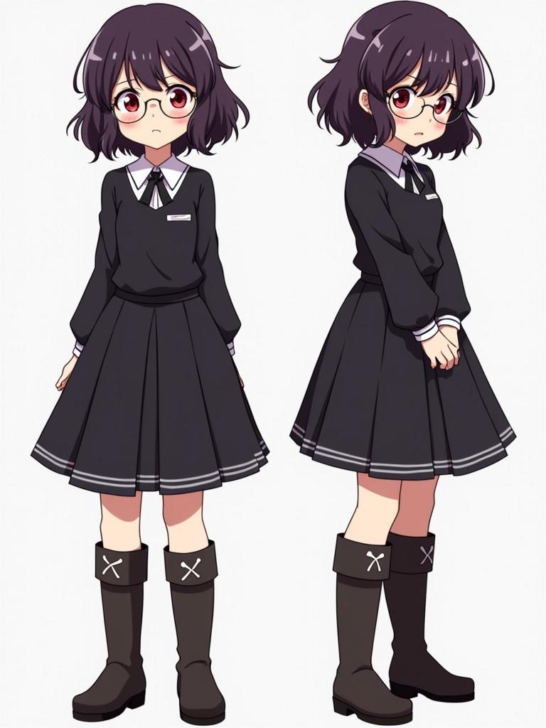 Anime style artwork of a teenage girl with short dark purple wavy hair with white streaks at the ends. She has red eyes and wears round glasses. The character is dressed in a black dress with long boots. The image shows the character in four poses. The expression is mildly annoyed.