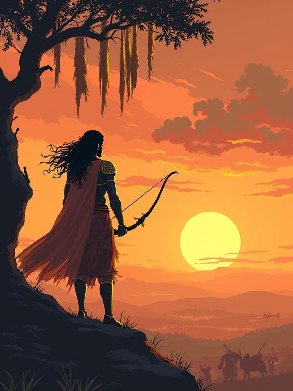 Karna stands on a distant hill, watching a battle celebration. He wears golden armor and holds a bow with pain in his eyes. The sunset casts warm tones. A tree nearby has hanging torn cloths symbolizing rejection. His hair flows in the wind.
