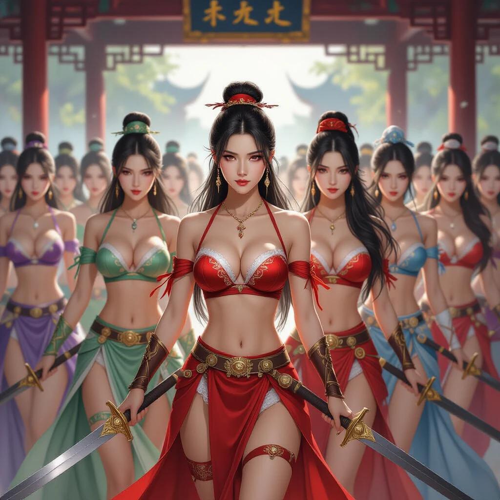 A large group of women stands in a formation ready for battle. They wear bras and panties in various colors. Each of them holds their signature weapon creating an image of an elite women's sect. Their expressions are fierce yet charming with flowing long hair. The background shows a classic Chinese pavilion.