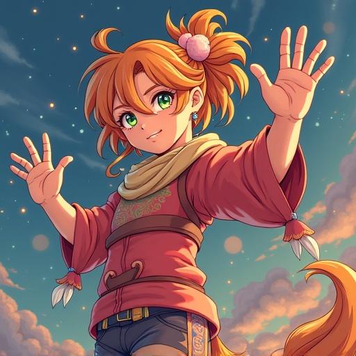 A cheerful anime character with orange hair and green eyes raising hands in a determined pose. Set against a sky backdrop, creating a sense of adventure.