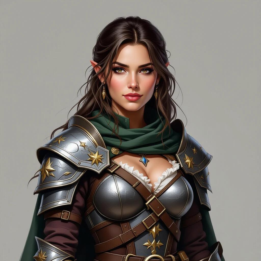 Fantasy RPG portrait of a strong female dwarf warrior. She wears heavy armor made of hardened iron and has a half-shaved head. Background is gray.