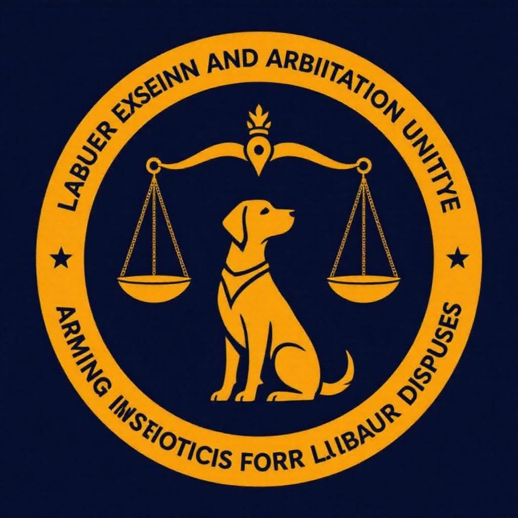 Professional logo for labour execution unit mediation and arbitration. Represents justice for disadvantaged workers. Features dog symbolizing loyalty alongside scales.