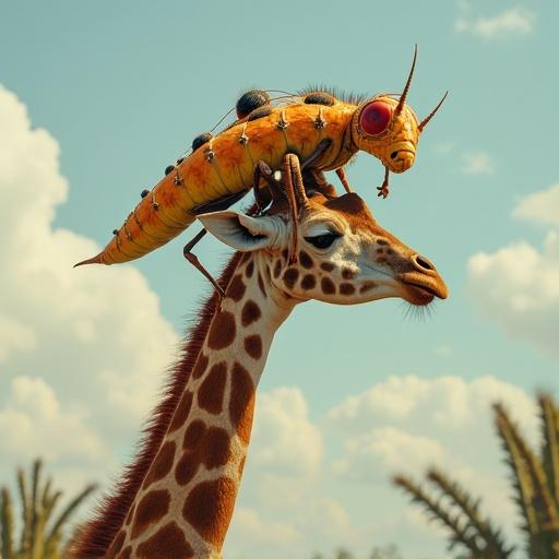 Giraffe with a vibrant insect on its head in a sunny setting. Background features greenery and blue skies. Emphasis on bright colors and whimsical character of the bug.