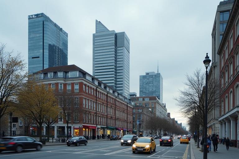 Dublin financial district during the daytime. Modern skyscrapers and historic buildings are visible. Street is busy with cars and pedestrians.