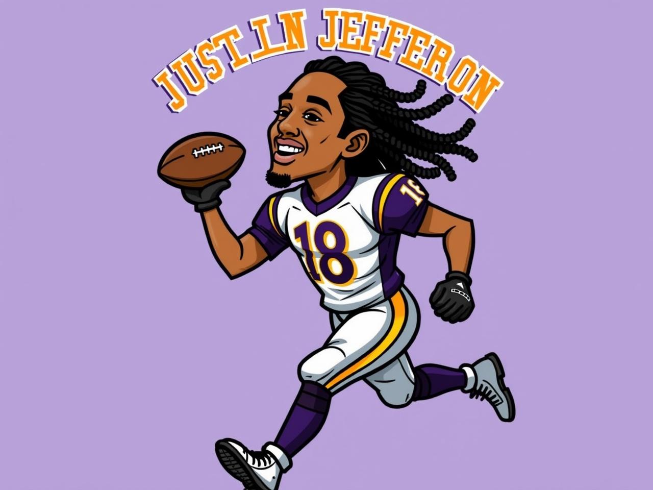 The image features a cartoonish illustration of a football player named Justin Jefferson. He is depicted in a dynamic pose, running with a football in his right hand. The player is wearing a purple and white football uniform with the number 18 displayed prominently on his jersey. His hair is styled in long braids, and he has a big smile on his face, showing excitement and enthusiasm. The name 'JUSTIN JEFFERSON' is displayed above him in bold letters, using a complementary color scheme. The overall theme of the image conveys energy and sports excitement.