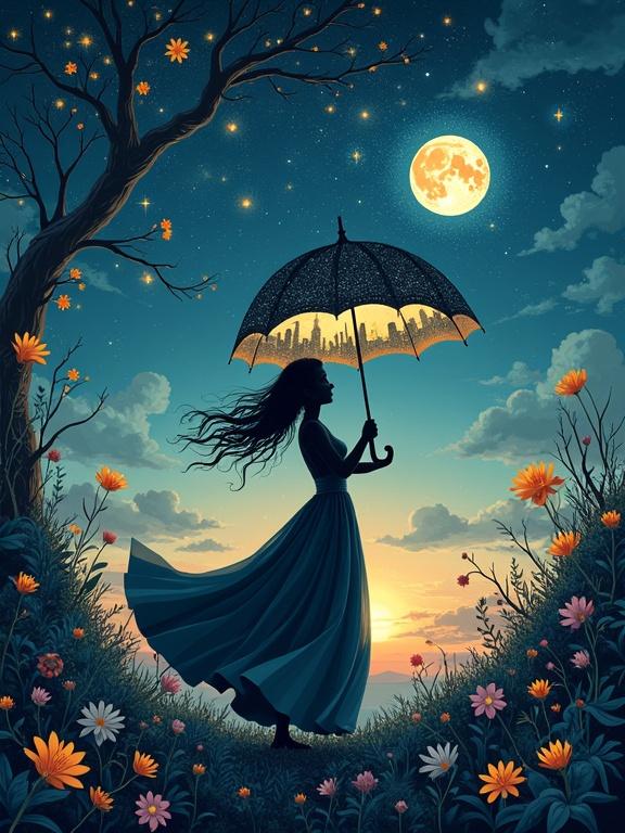 Captivating poster features a woman's silhouette holding an umbrella. Umbrella interior shows starry night sky. Dress transforms into cityscape with skyscrapers. Full moon shines brightly. Nature elements frame the composition with flowers and vines. Gentle glow illuminates the woman's face. Scene is set against a blue and gold sunrise.