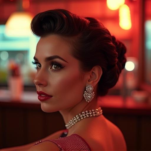 Elegant hairstyle featuring victory rolls. Vintage crystal earclips sparkle under neon lights. Soft amber glow from cocktail bar adds warmth. The setting captures a retro glamour vibe. Subject is posed elegantly. Details emphasize sophistication and style.