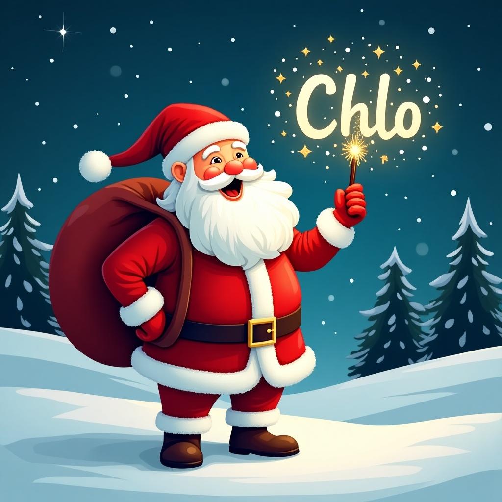 Cheerful Santa Claus in a snowy landscape. Red sack over shoulder. Holds sparkly wand with name 'Chlo'. Dressed in traditional red and white outfit. Night sky with twinkling stars. Pine trees in snowy background. Joyful festive atmosphere.