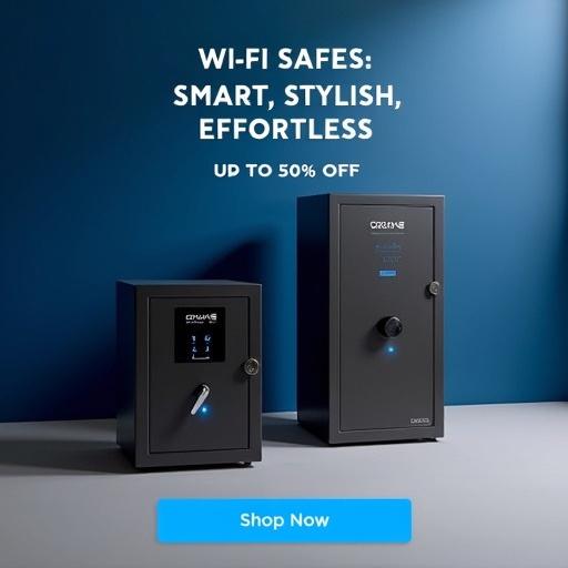 Promotional image for smart safes featuring Acura 22 and Acura 11 by Ozone. Positioned on grey surface with deep blue gradient background. Safes display touchscreen panels with blue LED indicators. Text says Wi-Fi Safes: Smart, Stylish, Effortless, up to 50% OFF. Shop Now button at bottom. Product photography with soft shadows.