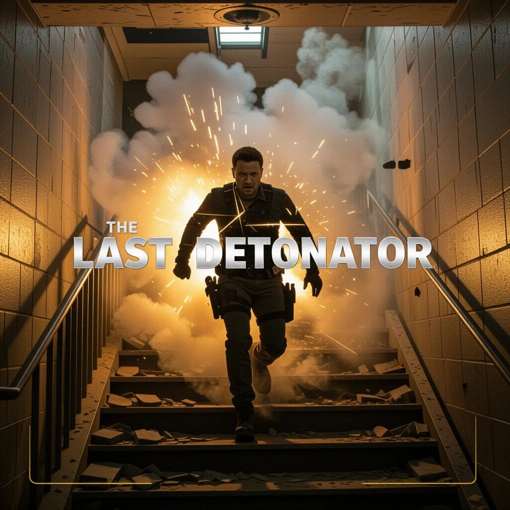 Action-packed scene of a man escaping an explosion in a stairwell. Smoke fills the air with debris scattered around. Golden lighting enhances the dramatic effect. Tension and urgency in the moment.