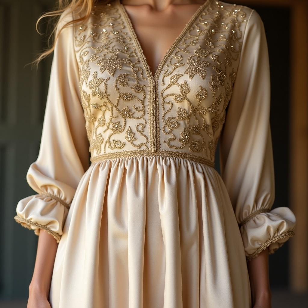 Elegant champagne silk maxi dress. Features intricate golden zardozi hand embroidery. Soft fabric drapes beautifully. Comfortable and stylish with balloon sleeves.