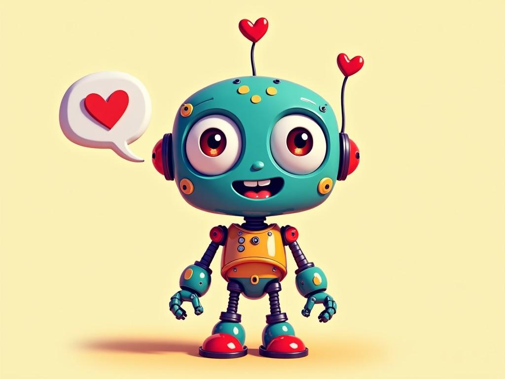 A cute cartoon robot stands happily with a speech bubble containing a heart symbol. The robot features a turquoise body, red accents, and big bright eyes. Its playful expression adds to its charm. The design is vibrant and engaging, appealing to children and the young at heart. This friendly character embodies love and cheerfulness, making it perfect for various creative applications.