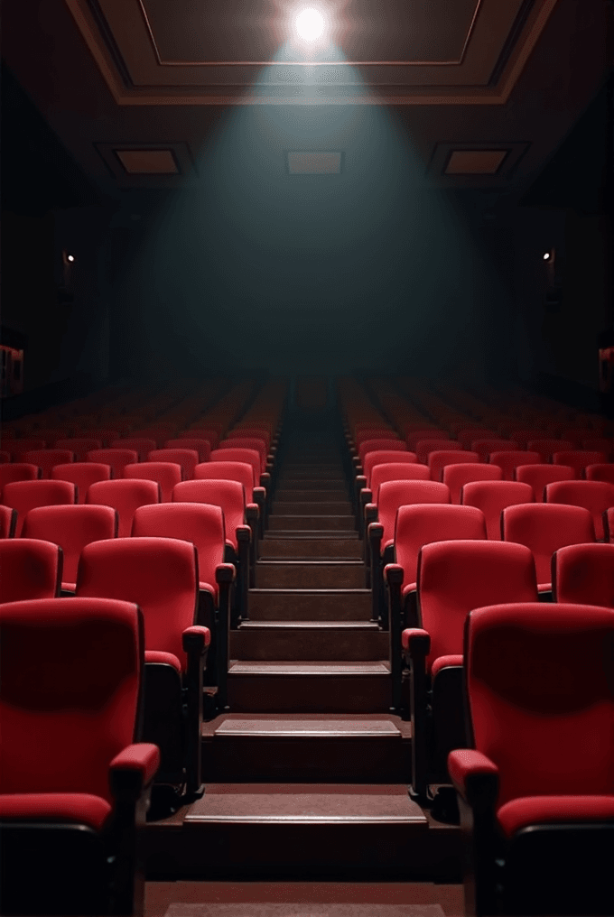 A theater with rows of red chairs and a light shining from above.