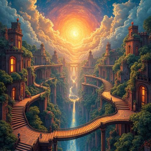 Intricate maze merges heaven and hell. Vibrant gardens and celestial skies burst with color. Glowing angels and golden light. Twists into fiery chasms and infernal machinery. Angels and devils on impossible stairways. Surrounded by vibrant hues like blues reds golds blacks. Overflowing with symbolic details and divine wonder.