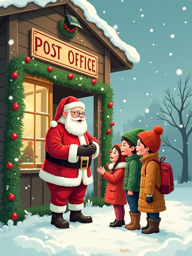 Scene shows a decorated post office for Christmas. Santa Claus is present and engaging with children. The building features green garlands with red ornaments. Snow falls gently creating a winter wonderland. Children are dressed warmly as they interact with Santa. Atmosphere is festive and joyful.