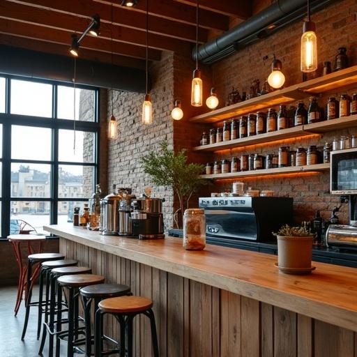 Stylish coffee shop interior design featuring a wooden bar equipped with coffee-making tools under warm pendant lighting. Shelves with coffee supplies and large windows showcasing the outside. The decor blends modern elements with a country western aesthetic and exposed rock accents.