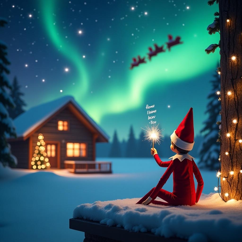 This enchanting scene features an elf on the shelf sitting on a snowy ledge, facing away from the viewer. The elf gazes up into a beautiful night sky filled with twinkling stars and vibrant northern lights. He holds a sparkling wand, writing names in the air, creating a magical effect. In the background, a cozy cabin glows warmly, evoking a sense of holiday comfort. Santa and his sleigh can be seen flying across the sky, adding to the festive atmosphere.