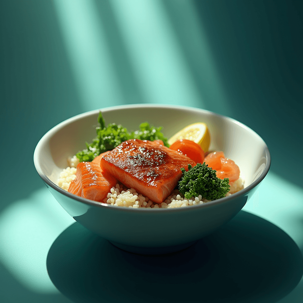 A bowl featuring succulent grilled salmon on a bed of fluffy couscous, garnished with vibrant cherry tomatoes, leafy greens, and a slice of lemon, illuminated by soft natural light.