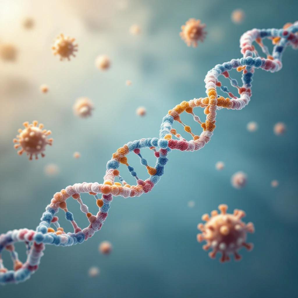 Illustrate a 3D representation of the FGFR2 gene intertwined with a strand of DNA. Include floating virus particles in a soft-focused blue background. Show the complexity of cancer at a cellular level. Emphasize the scientific theme for a cancer article.
