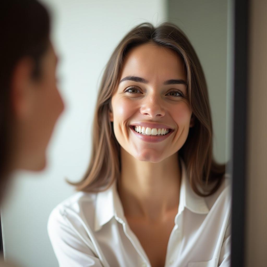 A woman smiles in the bathroom. She wears a dental retainer. She looks into the mirror. Bright soft light fills the scene.