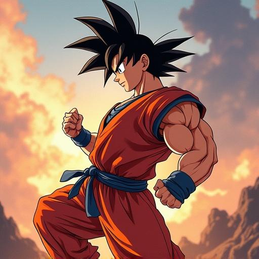 A dynamic character inspired by Goku is depicted in a striking pose. This character is shown from the side, displaying muscular strength. The outfit is reminiscent of traditional martial arts with a vibrant color scheme. The background has a fantastical sunset, enhancing the dramatic effect.