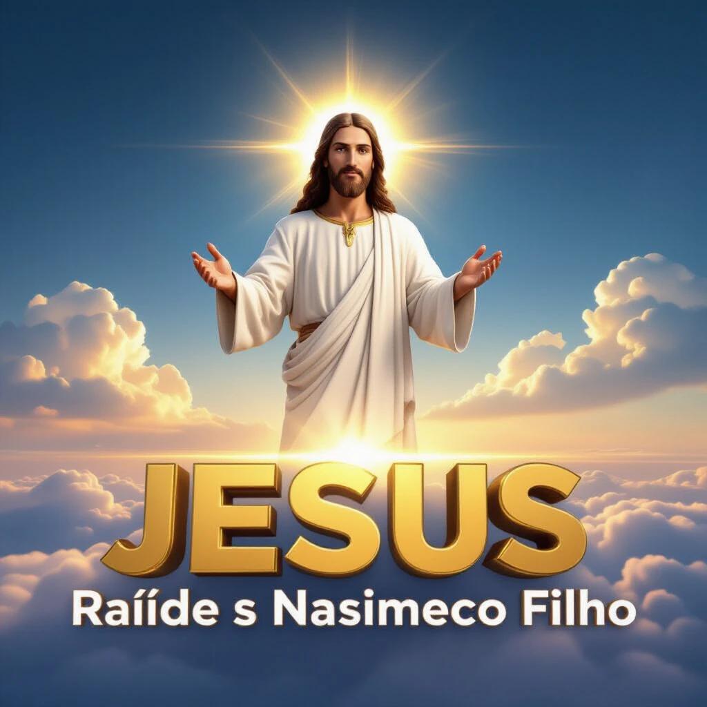 Image of a heavenly scene featuring Jesus with arms spread wide. Clouds surround the figure. Text in 3D says Jesus and Pastor Raíldes Nascimento Filho.