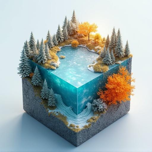 Create a 3D cube featuring various surfaces representing the seasons. The cube should include a tranquil water surface reflecting changing landscapes throughout the year.